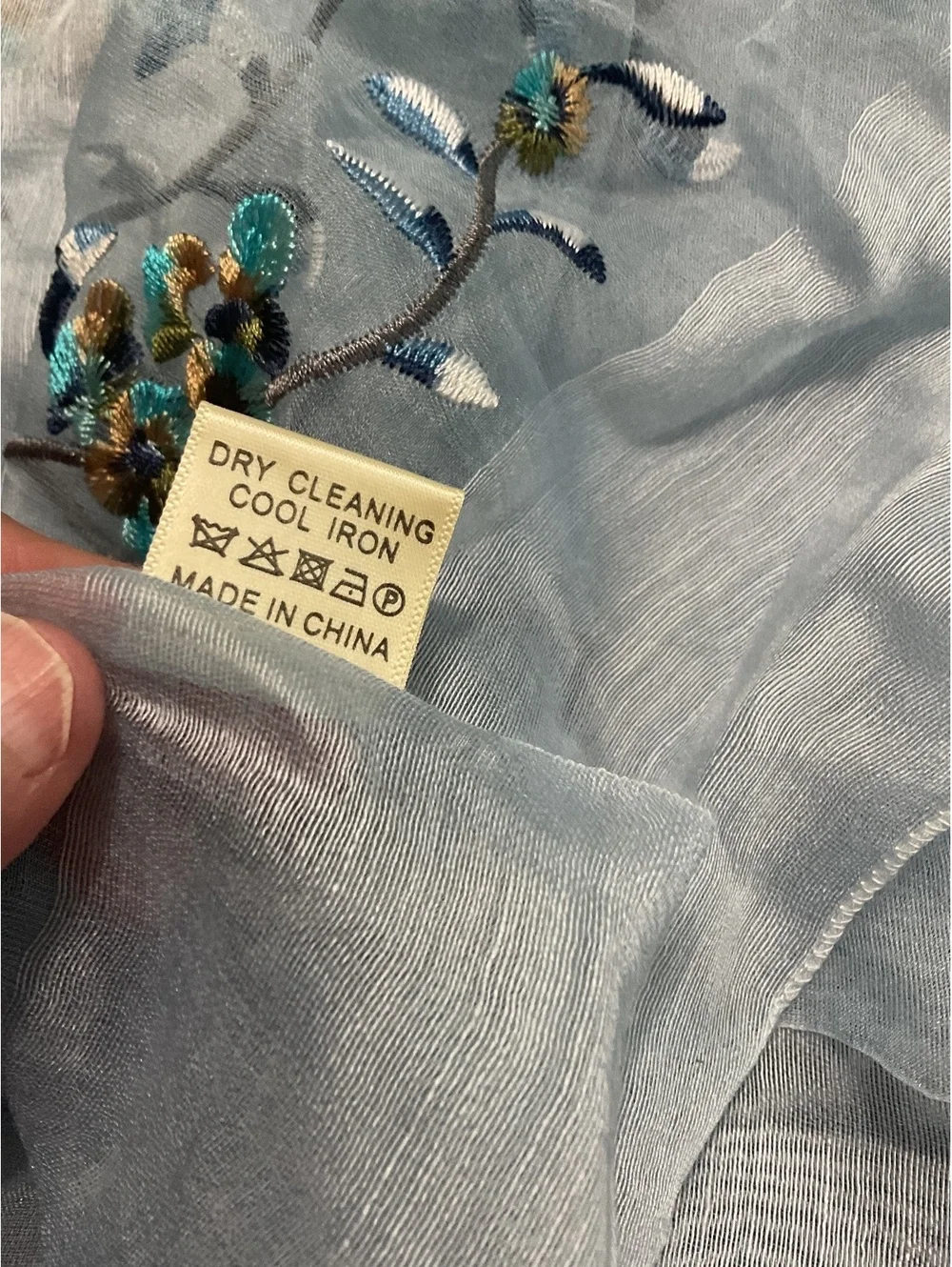 Light Blue to Navy Ombre Sheer Scarf/ Shawl with Floral Embroidery